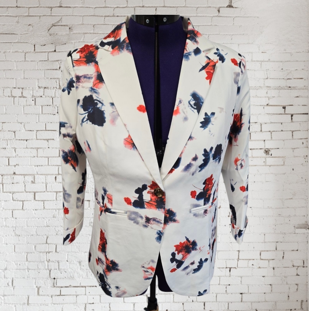 Benonis Watercolor Floral Blazer with Red and Blue Accents SZ L